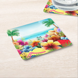 Dessous-de-verre Carré En Papier Plage d'été amusante Scène 2