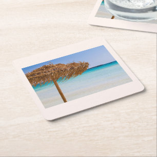 Dessous-de-verre Carré En Papier Plage tropicale panoramique avec parasol en paille