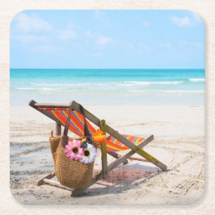 Dessous-de-verre Carré En Papier Plages tropicales   Chaise de plage sur sable