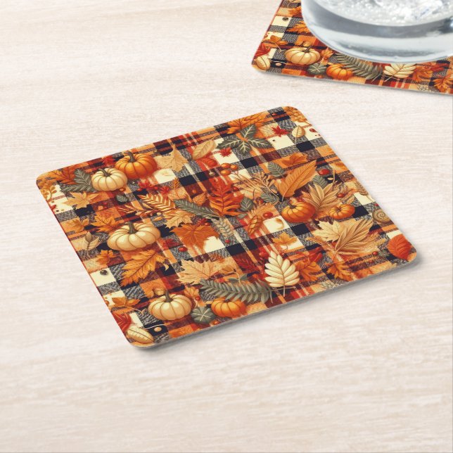 Dessous-de-verre Carré En Papier Plaids d'automne citrouille Maple Feuille (Incliné)