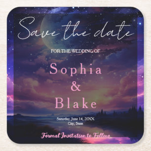 Dessous-de-verre Carré En Papier Pleine lune céleste Étoiles Mariage Enregistrer la