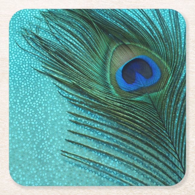 Dessous-de-verre Carré En Papier Plume bleue de paon d'Aqua métallique (Devant)