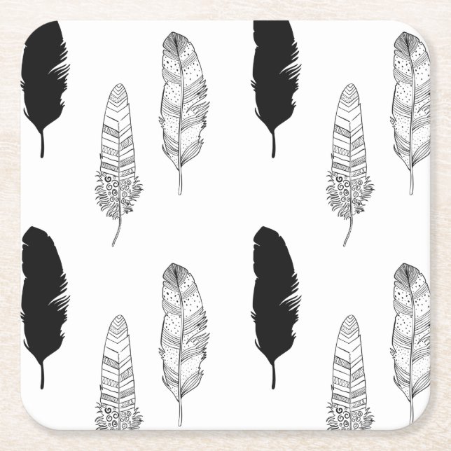 Dessous-de-verre Carré En Papier Plumes noires et blanches (Devant)