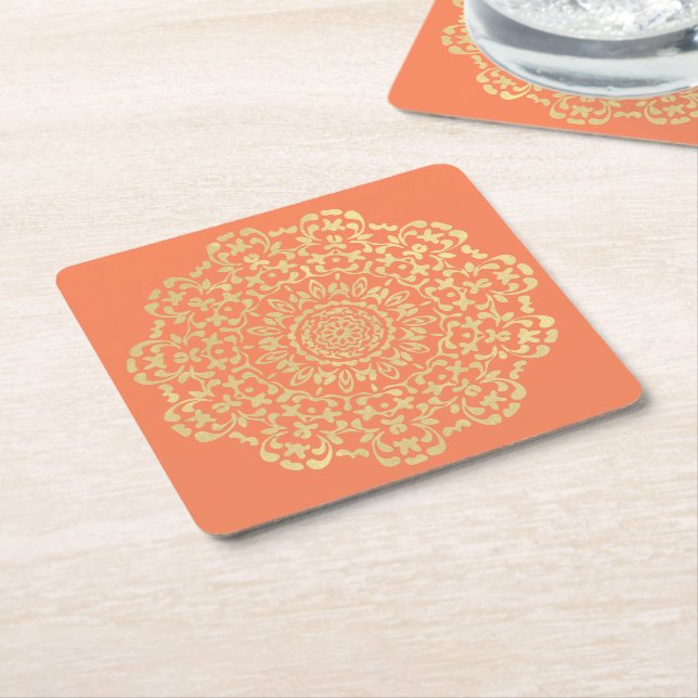 Dessous-de-verre Carré En Papier Plutôt Élégant Corail Or Lacy Motif (Incliné)