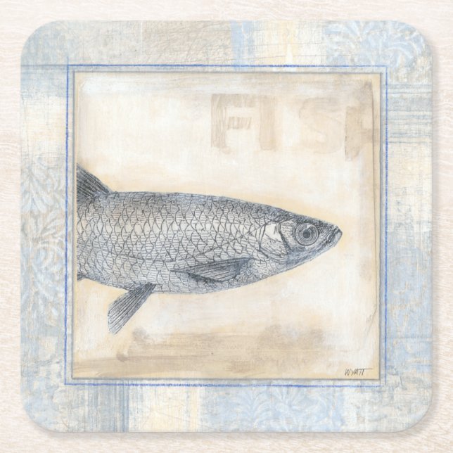 Dessous-de-verre Carré En Papier Poisson gris sur Arrière - plan beige (Devant)