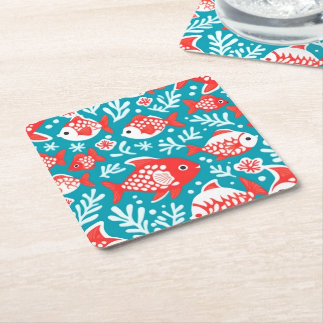 Dessous-de-verre Carré En Papier Poisson rouge et blanc motif bleu (Incliné)