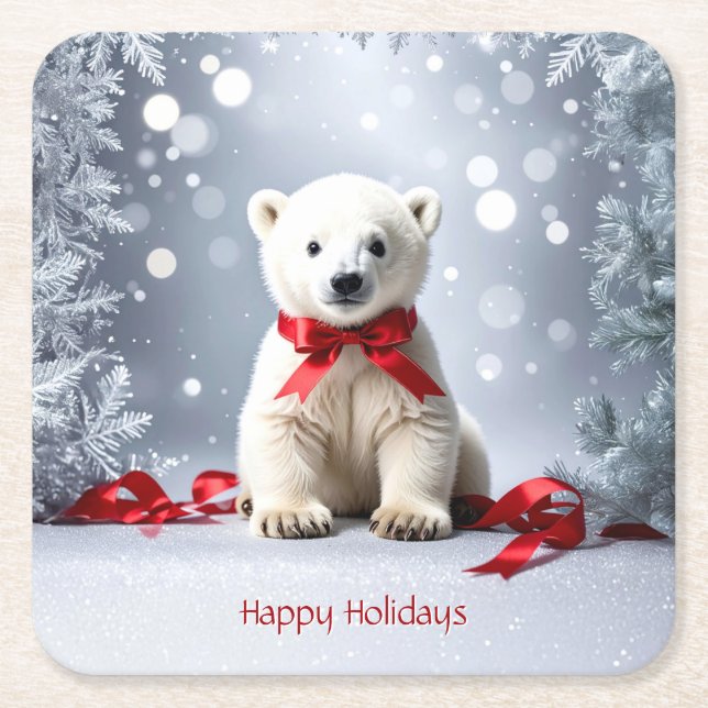 Dessous-de-verre Carré En Papier Polar Bear Christmas Holiday Paper Coaster (Devant)