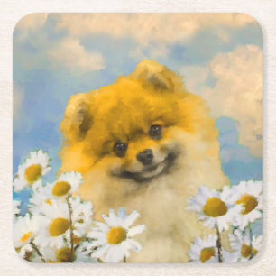 Dessous-de-verre Carré En Papier Poméranien dans Daisies Peinture - Art Chien origi