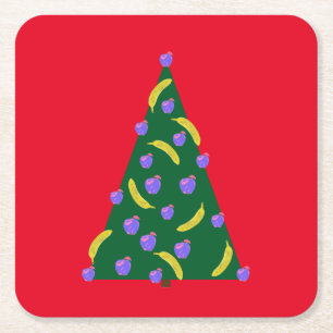 Dessous-de-verre Carré En Papier Pop Art Arbre de Noël avec Pommes et Bananes Rouge