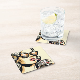 Dessous-de-verre Carré En Papier Pop Art Bande Dessinée Belle Femme Buvant un Soda