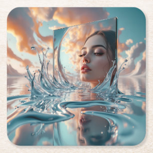 Dessous-de-verre Carré En Papier Portrait miroir d’eau surréaliste — Refus du visag