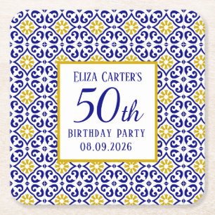 Dessous-de-verre Carré En Papier Portugais Carreaux Bleu 50e anniversaire Méditerra