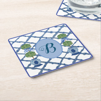 Dessous-de-verre Carré En Papier Pots à gingembre en chinoiserie à topiaire peinte 