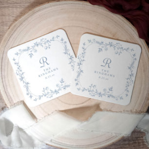Dessous-de-verre Carré En Papier Poussiéreux Bleu Floral Français Monogramme Mariag