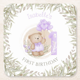 Dessous-de-verre Carré En Papier Premier Anniversaire Mignonne Teddy Bear Ballons C