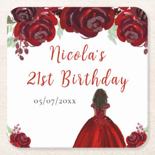 Dessous-de-verre Carré En Papier Princesse à peau foncée Fleurs rouges florales Ann