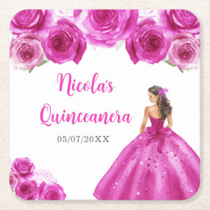 Dessous-de-verre Carré En Papier Princesse florale en robe rose chaud Quinceanera