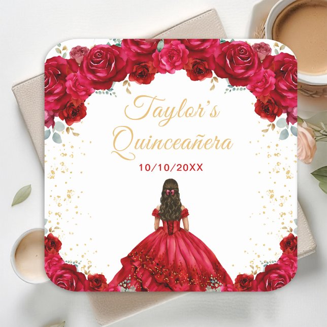 Dessous-de-verre Carré En Papier Princesse Rouge Floral Quinceañera (Créateur téléchargé)