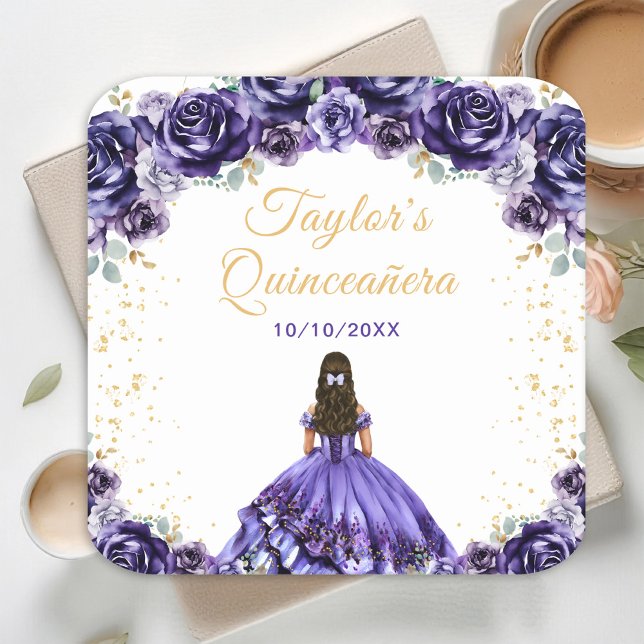 Dessous-de-verre Carré En Papier Princesse violette foncée Floral Quinceañera (Créateur téléchargé)