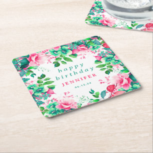 Dessous-de-verre Carré En Papier Printemps Eté Aquarelle Floral Joyeux Anniversaire