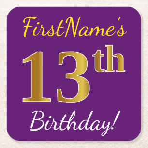 Dessous-de-verre Carré En Papier Purple, Faux Gold 13e anniversaire + Nom personnal