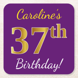 Dessous-de-verre Carré En Papier Purple, Faux Gold 37e anniversaire + Nom personnal