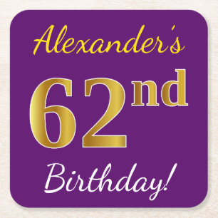 Dessous-de-verre Carré En Papier Purple, Faux Gold 62e anniversaire + Nom personnal