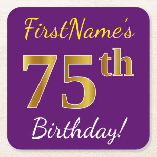 Dessous-de-verre Carré En Papier Purple, Faux Gold 75e anniversaire + Nom personnal