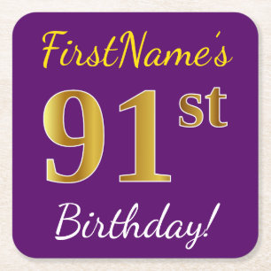 Dessous-de-verre Carré En Papier Purple, Faux Gold 91ème anniversaire + Nom person