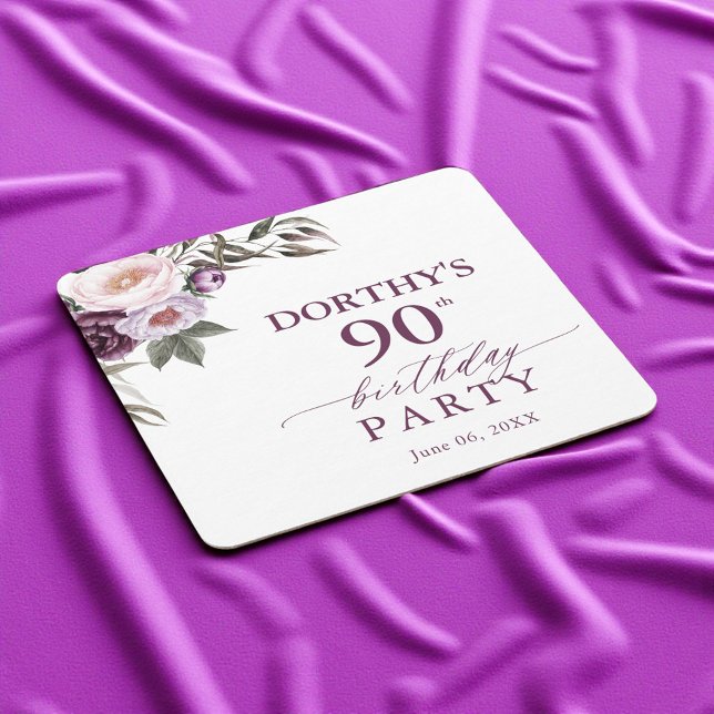 Dessous-de-verre Carré En Papier Purple Floral Script 90th Birthday  (Créateur téléchargé)