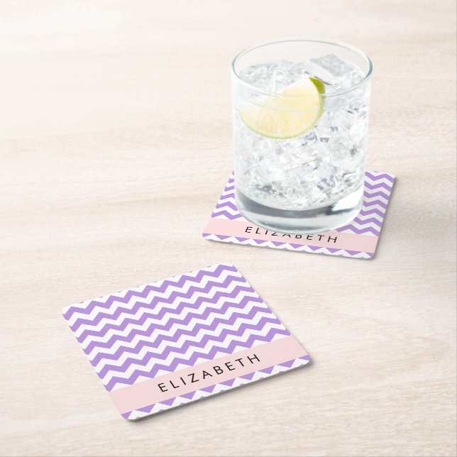 Dessous-de-verre Carré En Papier Purple Zigzag, Purple Chevron, Votre Nom (En situation)