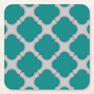 Dessous-de-verre Carré En Papier Quatrefoil turquoise et gris