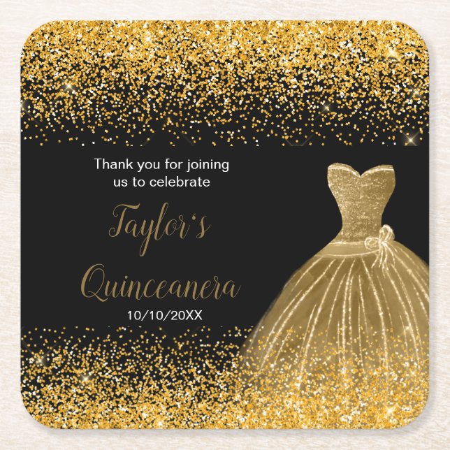 Dessous-de-verre Carré En Papier Quinceanera Gold Faux Parties scintillant (Devant)
