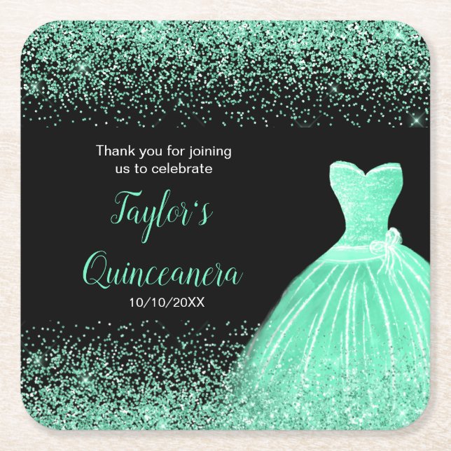 Dessous-de-verre Carré En Papier Quinceanera Mint Green Faux Parties scintillant (Devant)