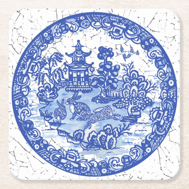 Dessous-de-verre Carré En Papier Rabbit Chinoiserie Bleu Blanc Willow Unique (Devant)