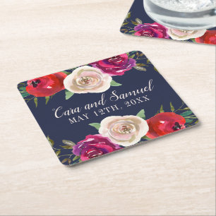 Dessous-de-verre Carré En Papier Radial Floral Navy Bleu Bourgogne Rouge