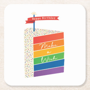 Dessous-de-verre Carré En Papier Rainbow Cake Joyeux anniversaire Faire un voeu