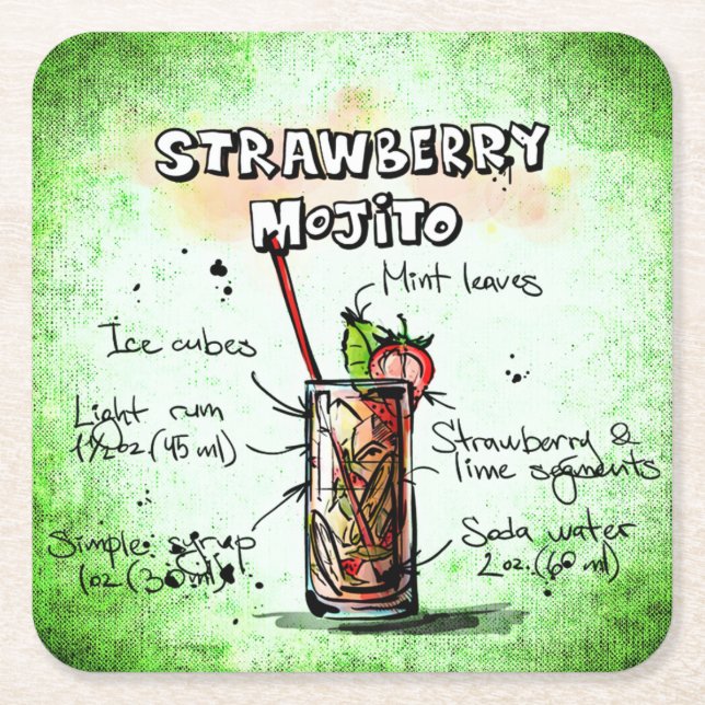 Dessous-de-verre Carré En Papier Recette de boisson fraise Mojito (Devant)