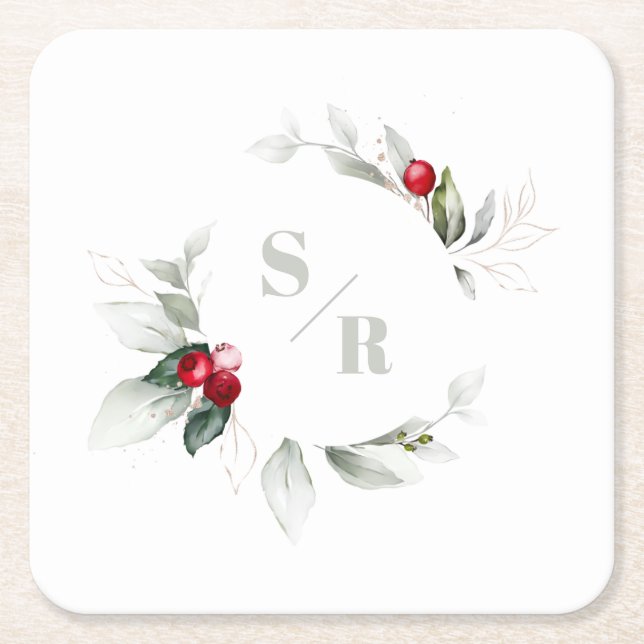 Dessous-de-verre Carré En Papier Red Berries Holiday Chevaucher son et son monogram (Devant)
