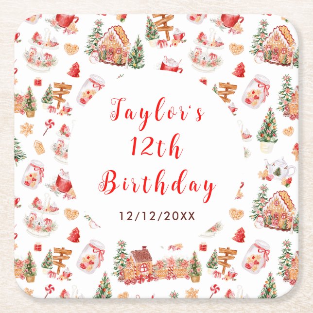 Dessous-de-verre Carré En Papier Red Gingerbread House Birthday Party (Devant)