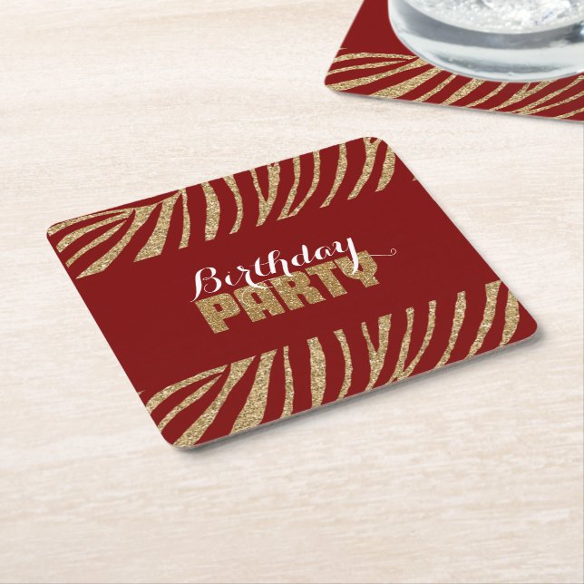 Dessous-de-verre Carré En Papier Red Gold Zebra Print Faux Parties scintillant Anni (Incliné)