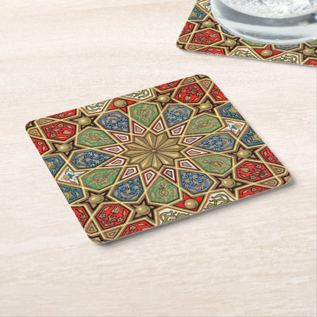Dessous-de-verre Carré En Papier Red Green Blue Faux Gold Motif d'art arabe (Incliné)