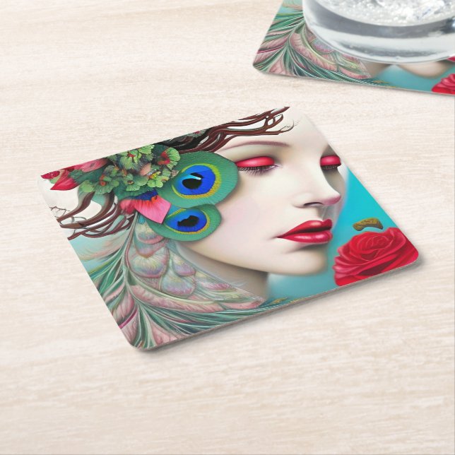 Dessous-de-verre Carré En Papier Red Lips et Rose Peacock Abstrait (Incliné)