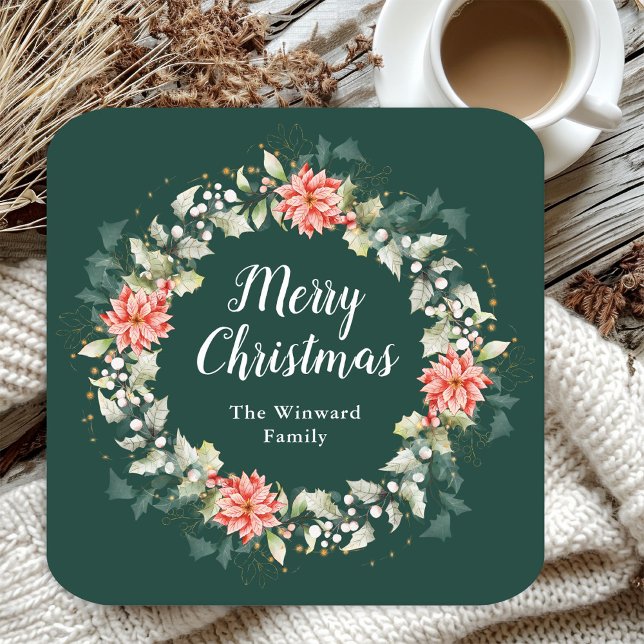 Dessous-de-verre Carré En Papier Red Poinsettia Wreath Joyeux Noël (Créateur téléchargé)