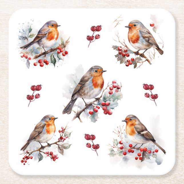 Dessous-de-verre Carré En Papier Red Robin Holly Christmas (Devant)