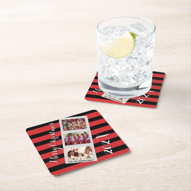 Dessous-de-verre Carré En Papier Red Stripe Christmas Photo 3 Pictures Three Photo (En situation)