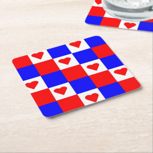 Dessous-de-verre Carré En Papier Red, White and Blue Squares with Red Hearts