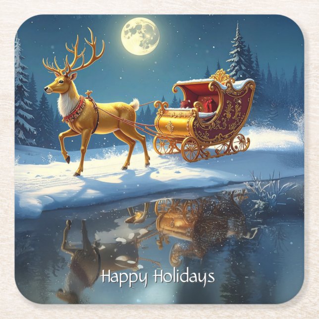 Dessous-de-verre Carré En Papier Reindeer Christmas Sleigh Holiday (Devant)