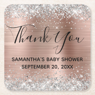 Dessous-de-verre Carré En Papier Remerciement Baby Shower Rose Gold Pailleté Argent