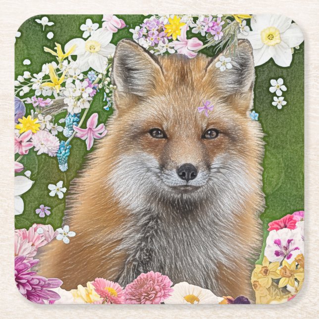 Dessous-de-verre Carré En Papier Renard Fairytale dans le champ des fleurs (Devant)